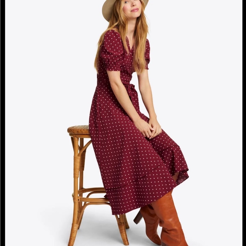 Draper James Naomi MIDI Wrap Dress Sz 22 Merlot Polka Dot Quiet Luxury Empire
